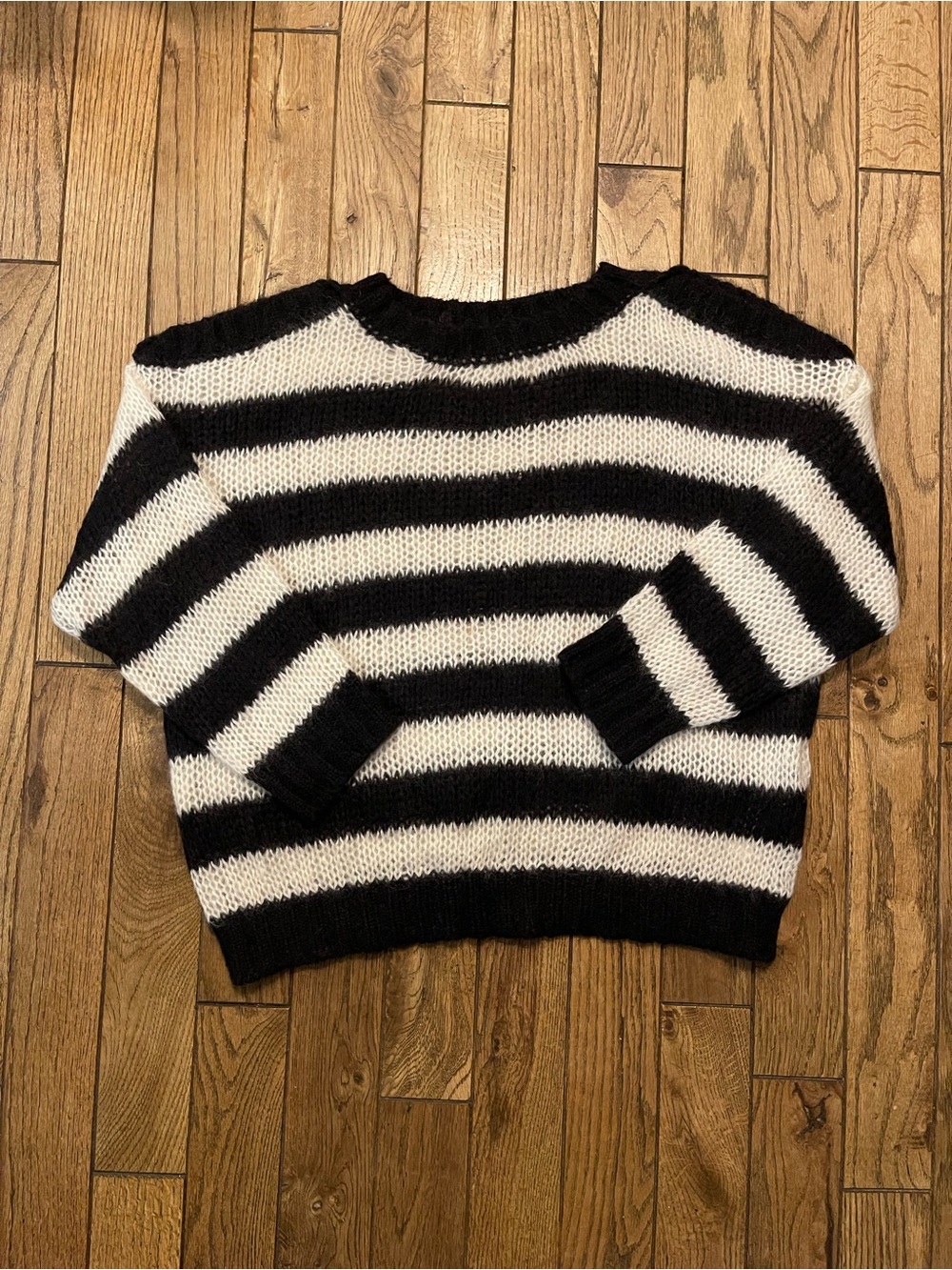 TWINSET Milano Striped Open-Knit Mohair Sweater with Cutout Shoulder